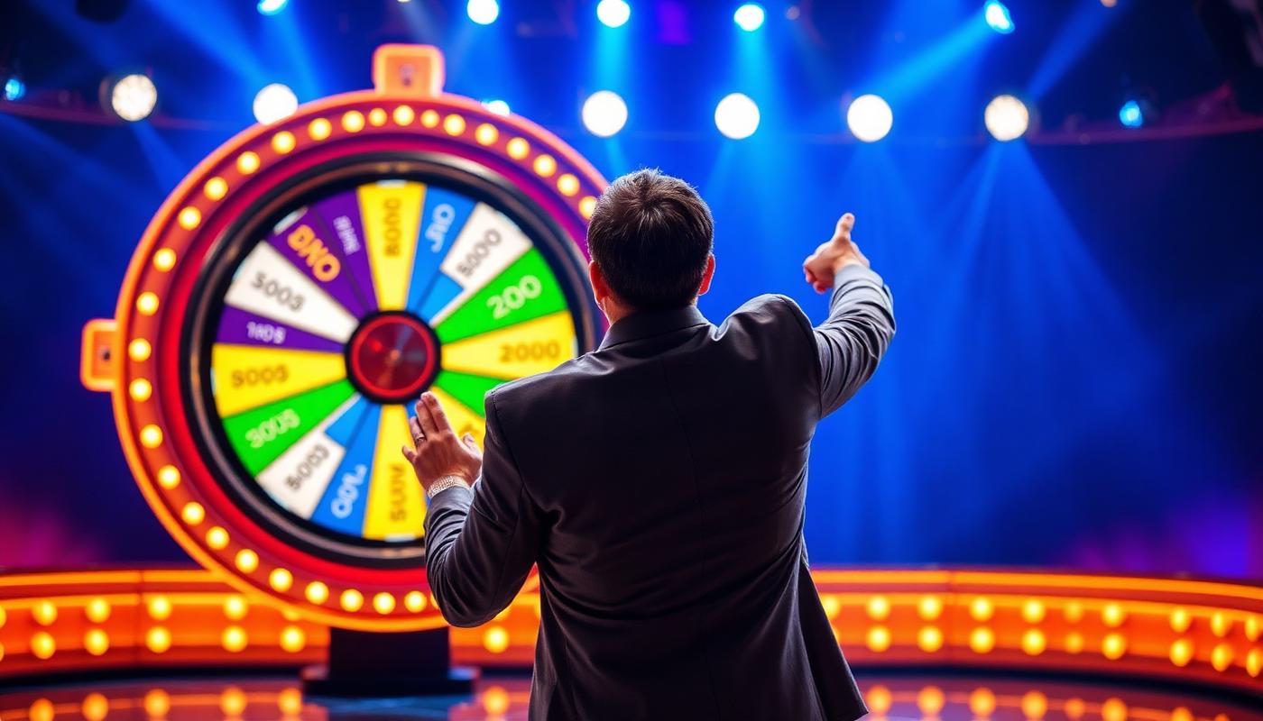 Live game-show host gesturing toward a glowing bonus wheel
