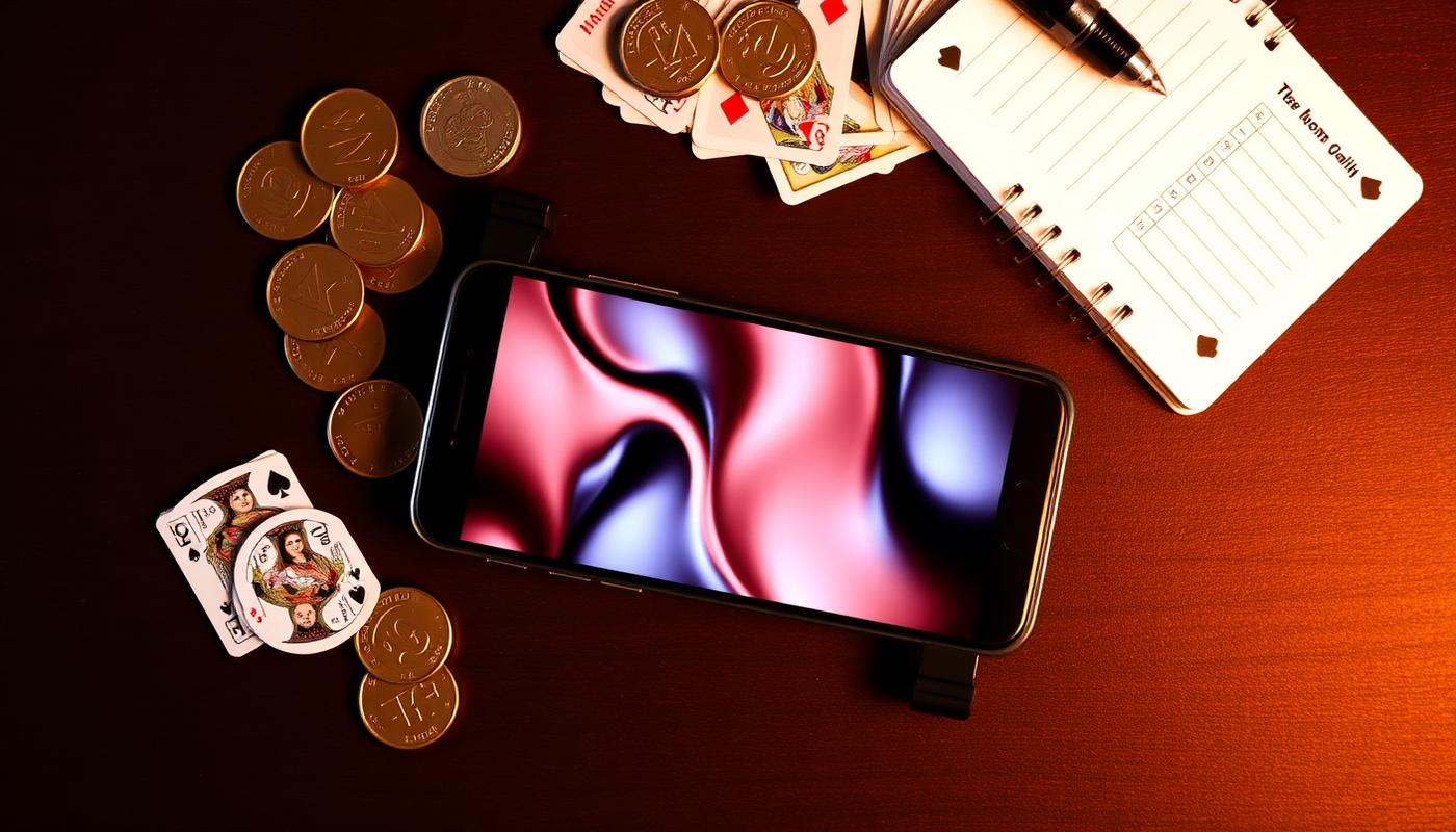 Top-down view of a phone with an e-wallet screen surrounded by chips and playing cards