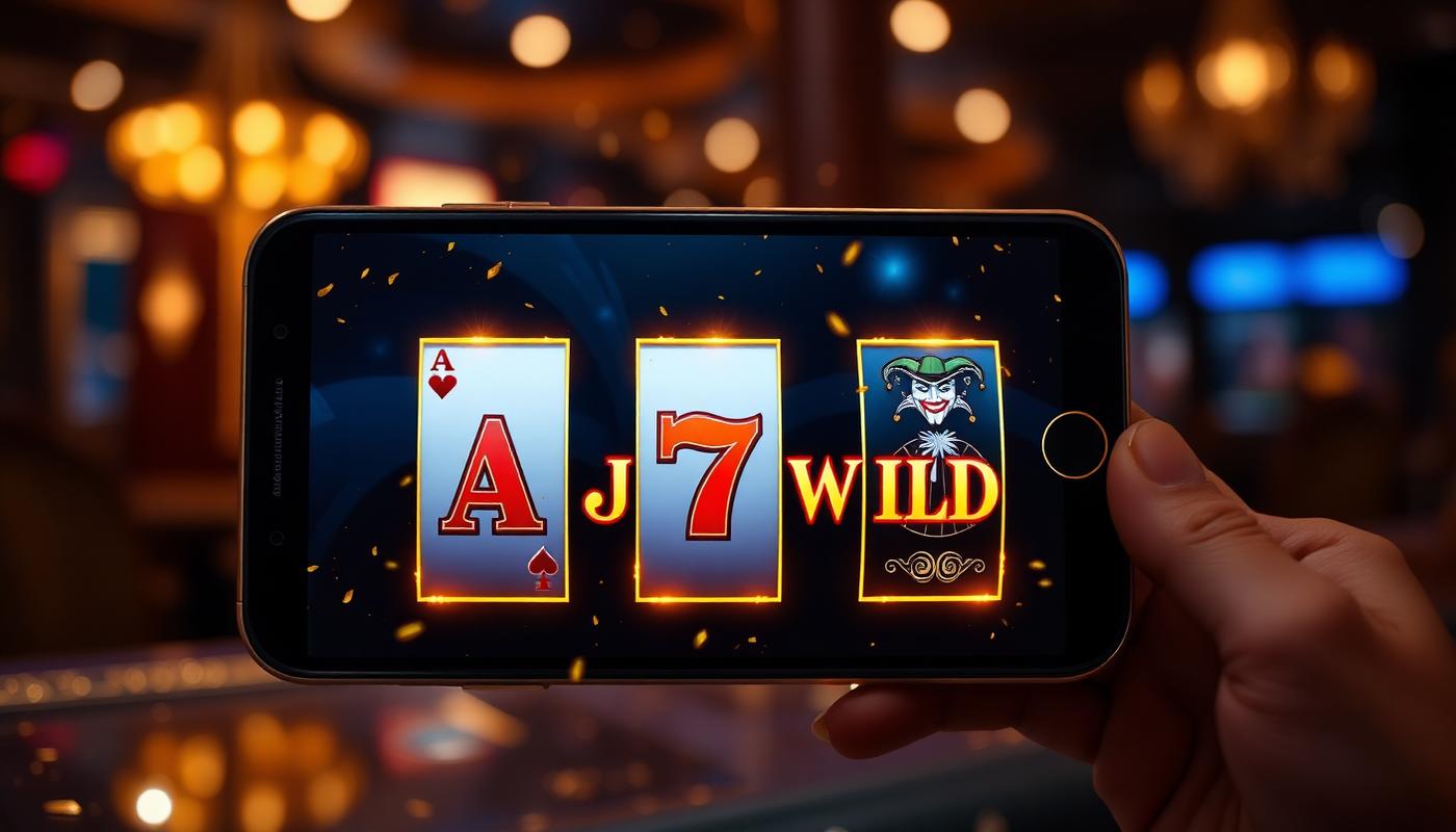 Smartphone showing Wild Ace slot reels with ace, joker and wild symbols
